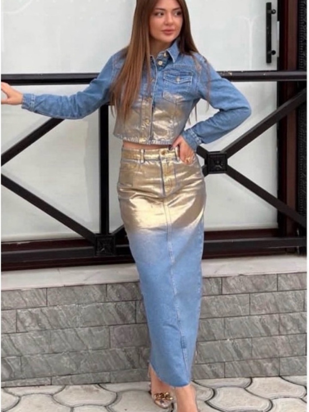 Zara Z1975 Metallic Denim Maxi Skirt Raw Hem Rear Slit